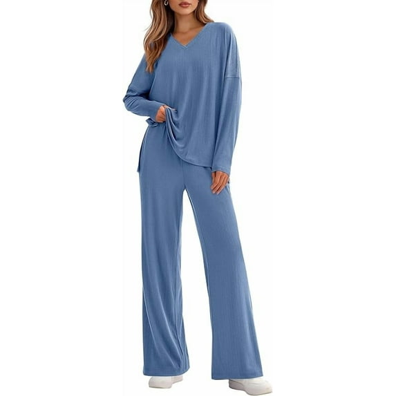 PRETTYGARDEN 2 Piece Lounge Sets for Women Fall Outfits Casual Knit V Neck Long Sleeve Tops Wide Leg Pants Matching Set