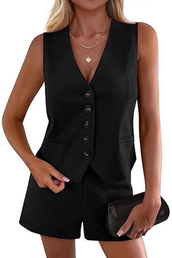 2 Piece Sets for Women Spring Fashion Button Vest Tops High Waist Shorts Summer Business Casual Outfits