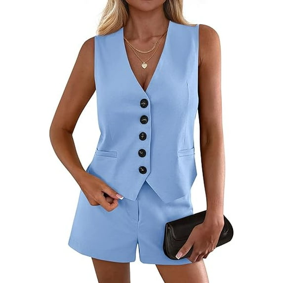 PRETTYGARDEN 2 Piece Sets for Women Spring Fashion Button Vest Tops High Waist Shorts Summer Business Casual Outfits