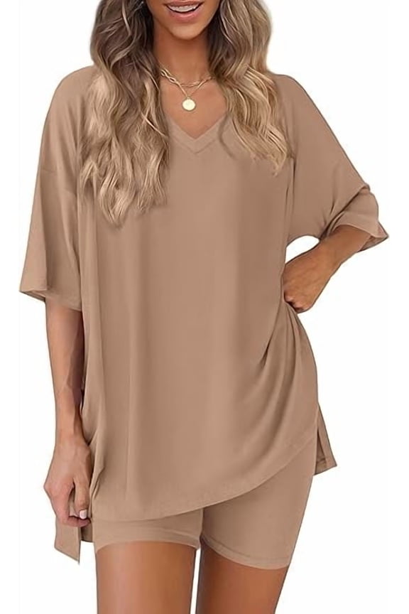 2 Piece Sets for Women Summer Lounge Short Set Spring Matching Biker Shorts V Neck Oversized Shirt Clothing