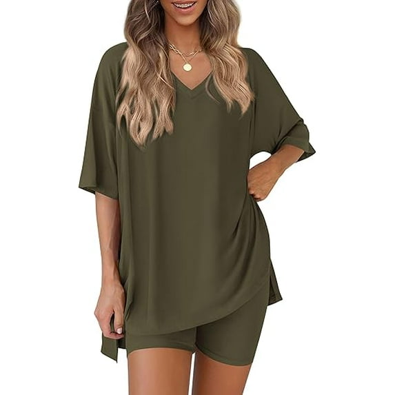 PRETTYGARDEN 2 Piece Sets for Women Summer Lounge Short Set Spring Matching Biker Shorts V Neck Oversized Shirt Clothing