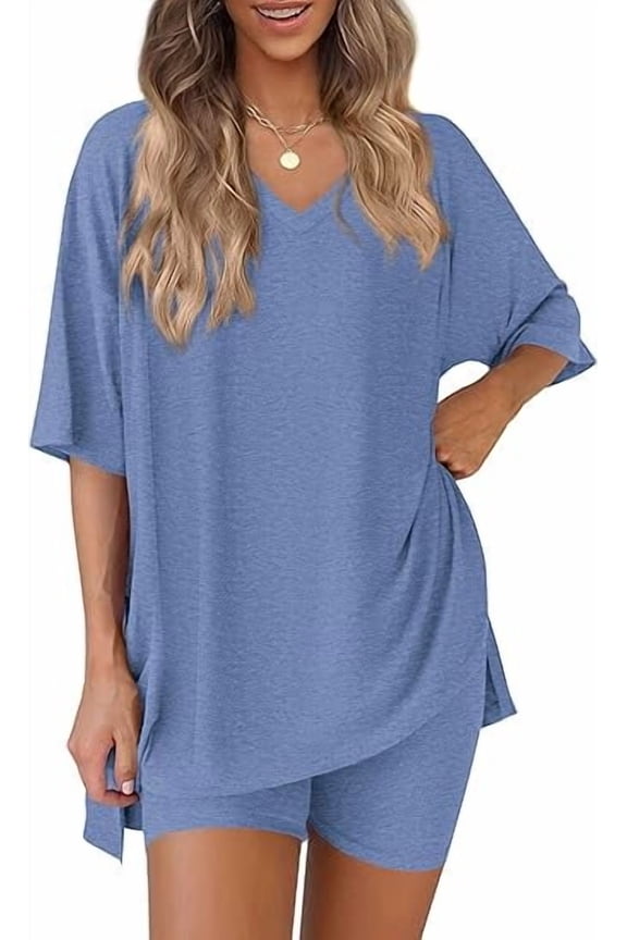2 Piece Sets for Women Summer Lounge Short Set Spring Matching Biker Shorts V Neck Oversized Shirt Clothing