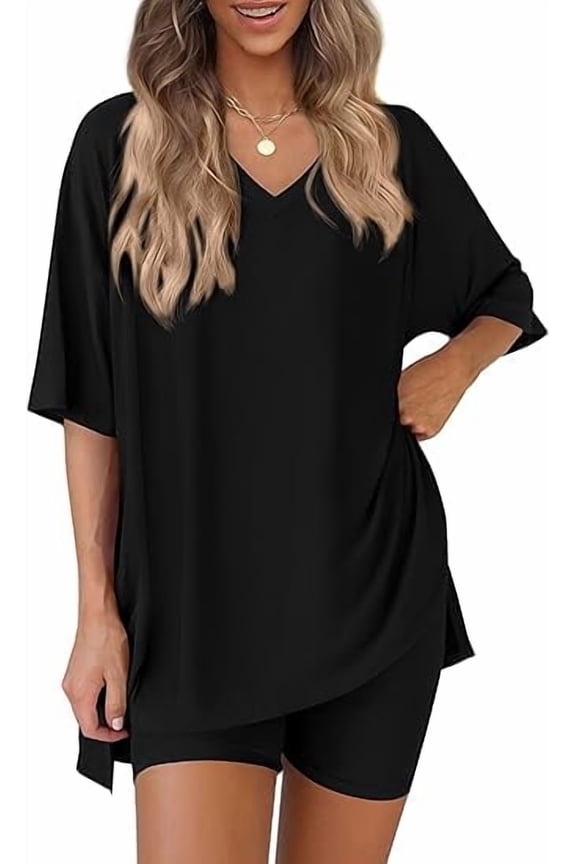 2 Piece Sets for Women Summer Lounge Short Set Spring Matching Biker Shorts V Neck Oversized Shirt Clothing