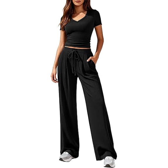 PRETTYGARDEN 2 Piece Sets for Women Summer Spring Lounge Set Matching V Neck Tops Wide Leg Pants Airport Travel Outfits