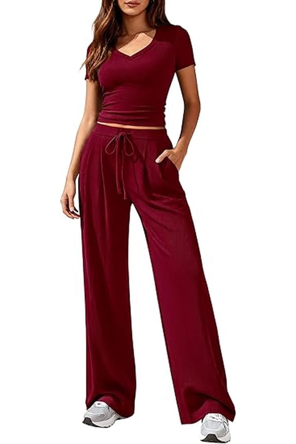 2 Piece Sets for Women Summer Spring Lounge Set Matching V Neck Tops Wide Leg Pants Airport Travel Outfits