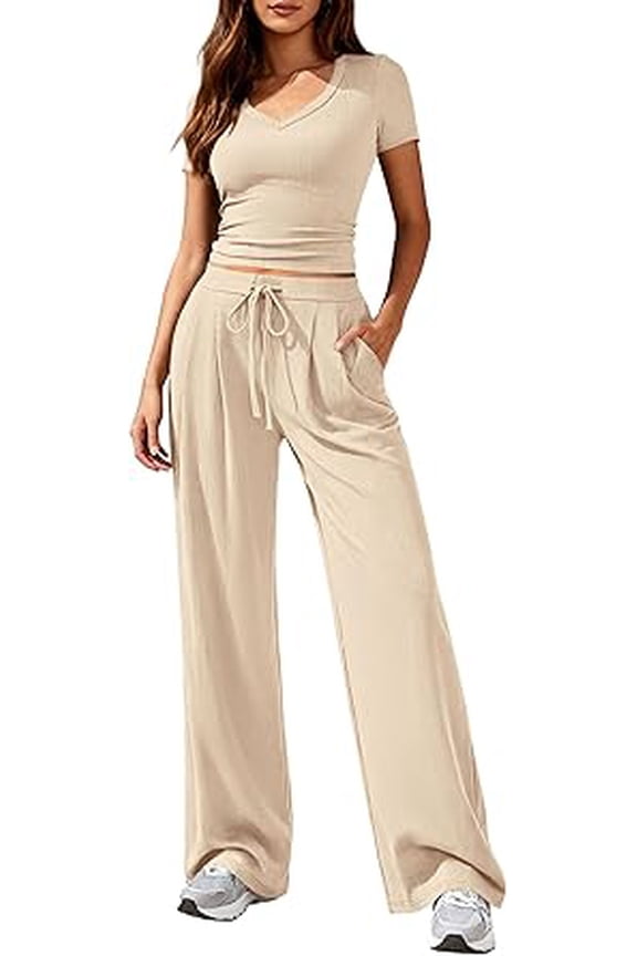 2 Piece Sets for Women Summer Spring Lounge Set Matching V Neck Tops Wide Leg Pants Airport Travel Outfits