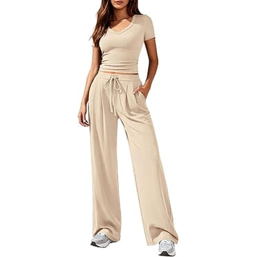 PRETTYGARDEN 2 Piece Sets for Women Summer Spring Lounge Set Matching V Neck Tops Wide Leg Pants Airport Travel Outfits