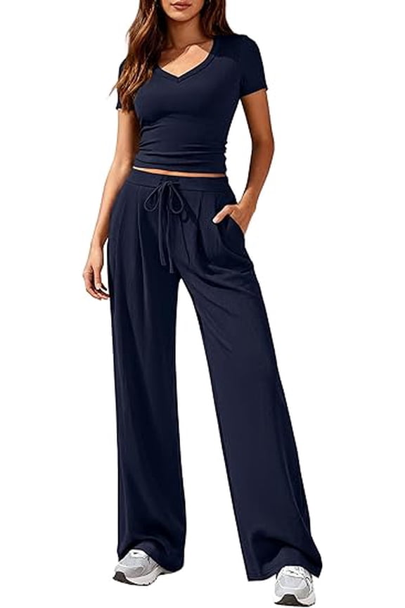 2 Piece Sets for Women Summer Spring Lounge Set Matching V Neck Tops Wide Leg Pants Airport Travel Outfits