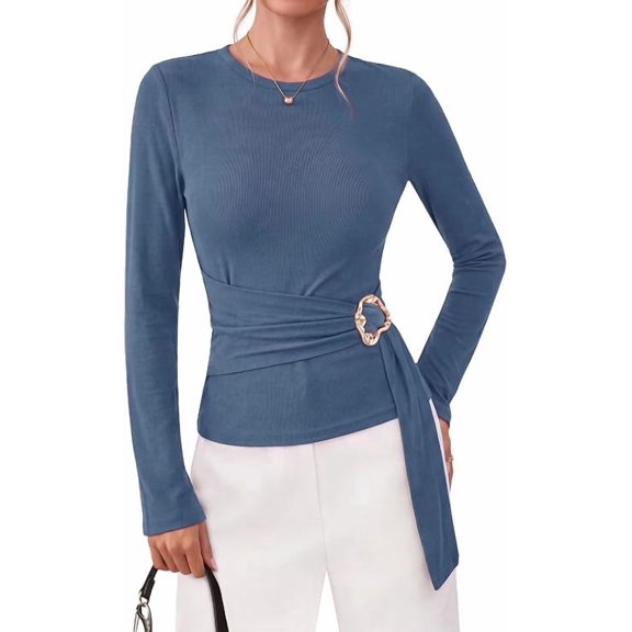 PRETTYGARDEN Asymmetrical Tops for Women Fall Business Casual Peplum Top Long Sleeve Blouses, Elegant Belted Dressy Casual Tops Professional Shirts for Office Work, Date Night, Going Out