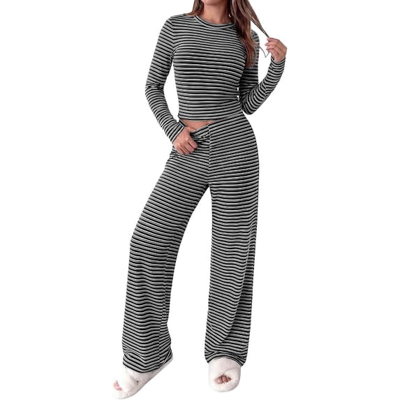 PRETTYGARDEN Women 2 Piece Striped Lounge Sets Soft Cozy Knit, Matching Airport Travel Outfits, Long Sleeve Shirts, Wide Leg Pants Pockets, Fall Winter Comfy Casual Clothes