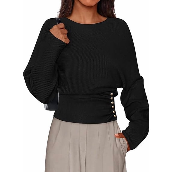 PRETTYGARDEN Batwing Sleeve Sweaters for Women Pullover Fall Clothes,Cozy Ribbed Knit,Single Side Button,Cinched Waist,Business Casual Work Outfits, Trendy Fall Winter Fashion Clothing