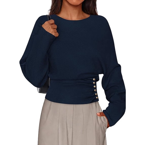PRETTYGARDEN Batwing Sleeve Sweaters for Women Pullover Fall Clothes,Cozy Ribbed Knit,Single Side Button,Cinched Waist,Business Casual Work Outfits, Trendy Fall Winter Fashion Clothing
