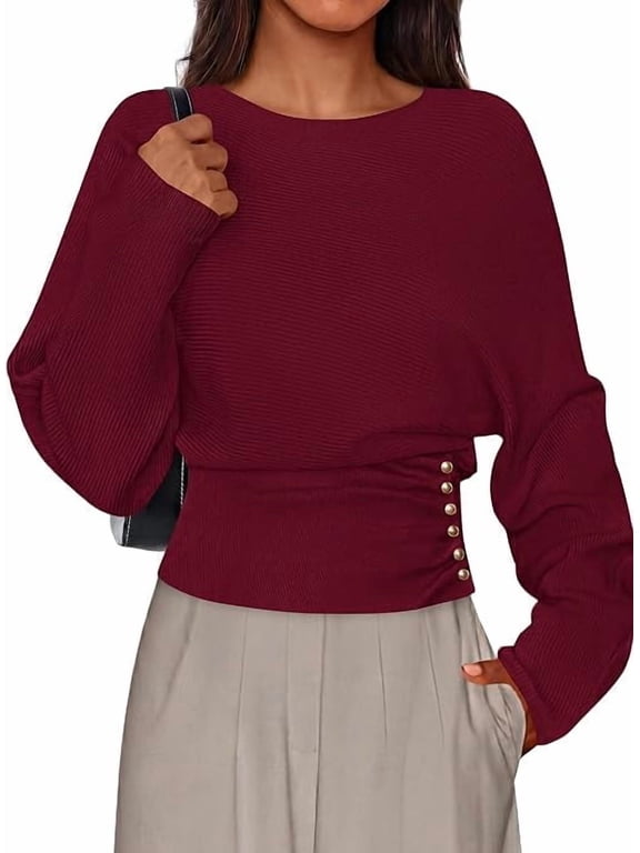 Batwing Sleeve Sweaters for Women Pullover Fall Clothes,Cozy Ribbed Knit,Single Side Button,Cinched Waist,Business Casual Work Outfits, Trendy Fall Winter Fashion Clothing