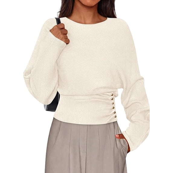PRETTYGARDEN Batwing Sleeve Sweaters for Women Pullover Fall Clothes,Cozy Ribbed Knit,Single Side Button,Cinched Waist,Business Casual Work Outfits, Trendy Fall Winter Fashion Clothing