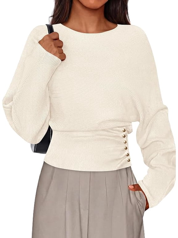 Batwing Sleeve Sweaters for Women Pullover Fall Clothes,Cozy Ribbed Knit,Single Side Button,Cinched Waist,Business Casual Work Outfits, Trendy Fall Winter Fashion Clothing