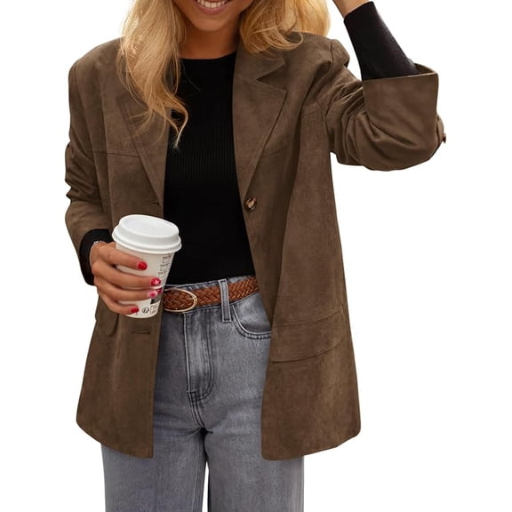 PRETTYGARDEN Women's Faux Suede Western Blazer Jacket Notched Lapel Button Long Sleeve Oversized Business Casual Suit Jacket, Dressy Office Work Outerwear,Fall Clothing