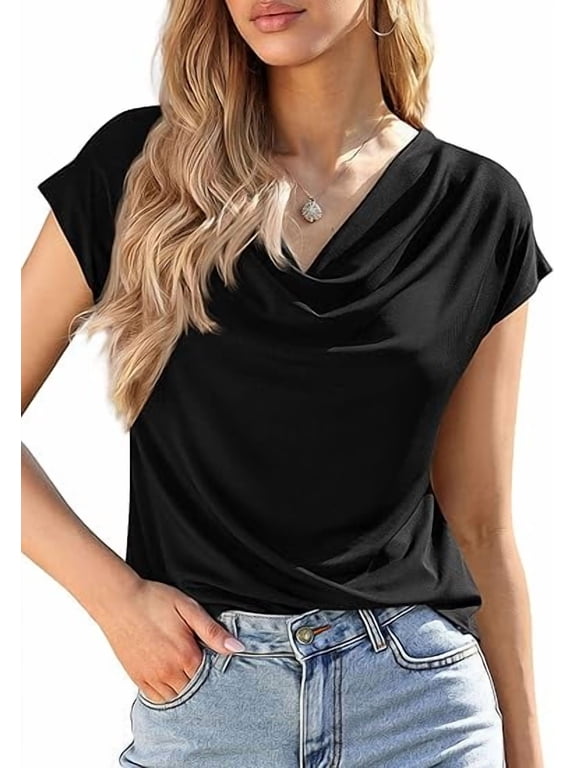 Blouses for Women Dressy Casual Summer Cowl Neck Short Sleeve Tops Spring Work Office Teacher Shirts