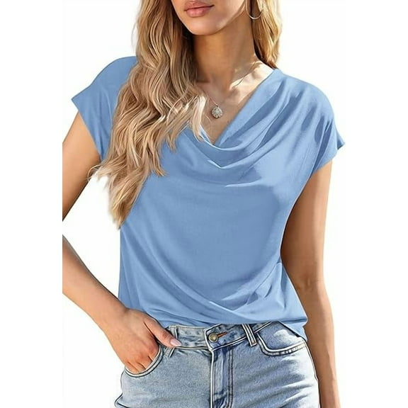 PRETTYGARDEN Blouses for Women Dressy Casual Summer Cowl Neck Short Sleeve Tops Spring Work Office Teacher Shirts