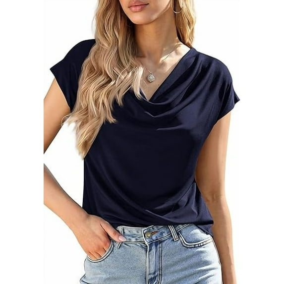 PRETTYGARDEN Blouses for Women Dressy Casual Summer Cowl Neck Short Sleeve Tops Spring Work Office Teacher Shirts