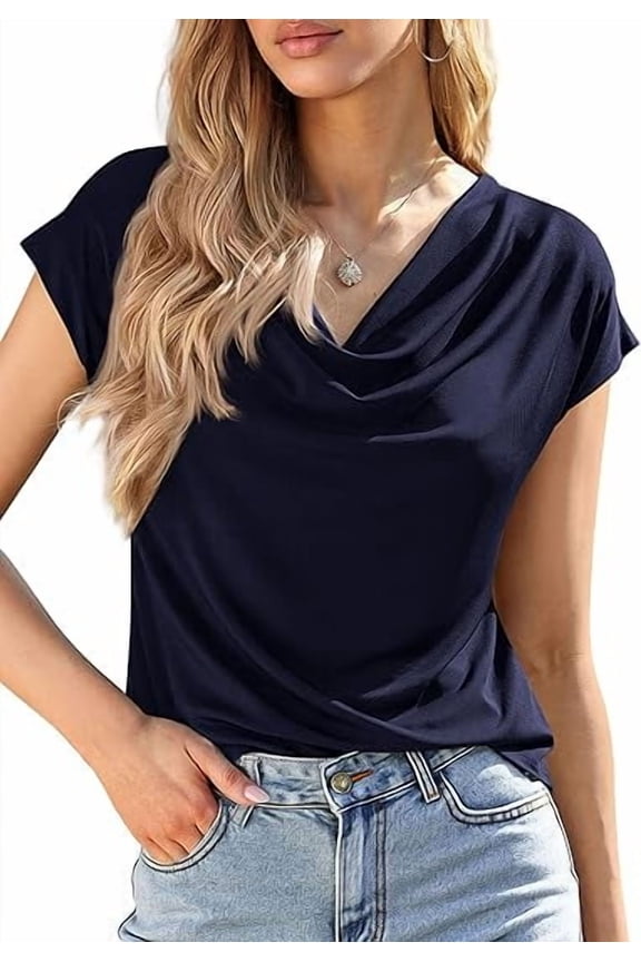 Blouses for Women Dressy Casual Summer Cowl Neck Short Sleeve Tops Spring Work Office Teacher Shirts