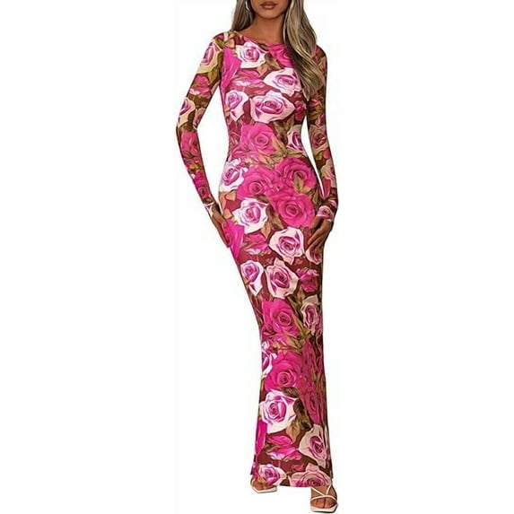PRETTYGARDEN Bodycon Maxi Dress Fall Floral Long Sleeve Sexy Mesh Cocktail Wedding Guest Long Dresses