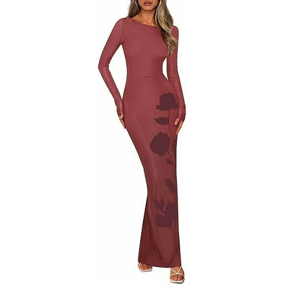 PRETTYGARDEN Bodycon Maxi Dress Fall Floral Long Sleeve Sexy Mesh Cocktail Wedding Guest Long Dresses