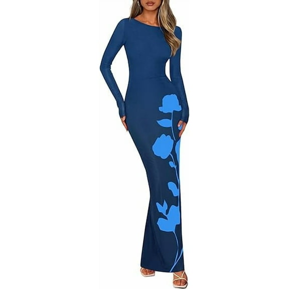 PRETTYGARDEN Bodycon Maxi Dress Fall Floral Long Sleeve Sexy Mesh Cocktail Wedding Guest Long Dresses