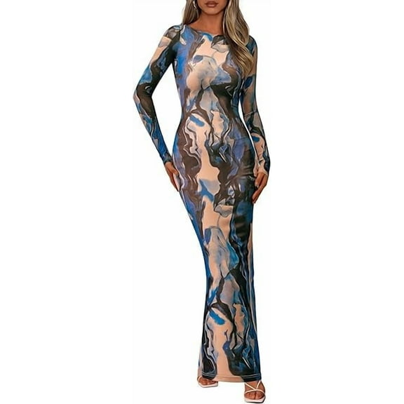 PRETTYGARDEN Bodycon Maxi Dress Fall Floral Long Sleeve Sexy Mesh Cocktail Wedding Guest Long Dresses
