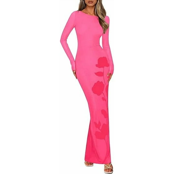 PRETTYGARDEN Bodycon Maxi Dress Fall Floral Long Sleeve Sexy Mesh Cocktail Wedding Guest Long Dresses