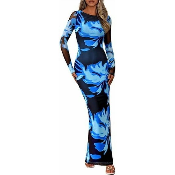PRETTYGARDEN Bodycon Maxi Dress Fall Floral Long Sleeve Sexy Mesh Cocktail Wedding Guest Long Dresses