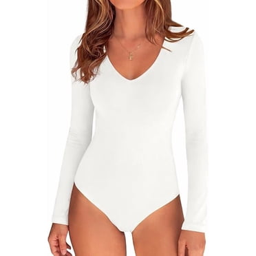 PRETTYGARDEN Bodysuits for Women Fall Long Sleeve Shirts V Neck Slim Fitted Basic Tees Going Out Tops Fashion Clothing