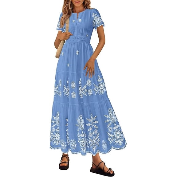 PRETTYGARDEN Boho Dresses for Women Summer Spring Casual Floral Short Sleeve V Neck Maxi Elastic Waist Dress Pockets
