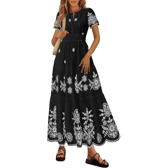 PRETTYGARDEN Boho Dresses for Women Summer Spring Casual Floral Short Sleeve V Neck Maxi Elastic Waist Dress Pockets