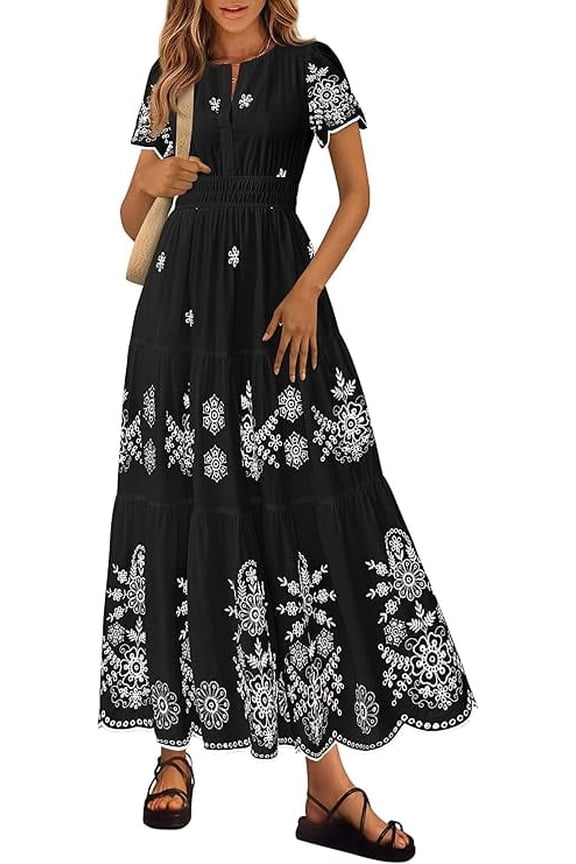 Boho Dresses for Women Summer Spring Casual Floral Short Sleeve V Neck Maxi Elastic Waist Dress Pockets