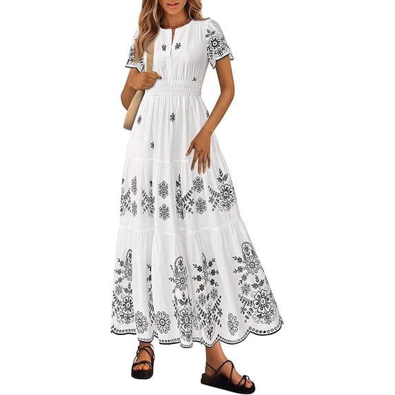 PRETTYGARDEN Boho Dresses for Women Summer Spring Casual Floral Short Sleeve V Neck Maxi Elastic Waist Dress Pockets