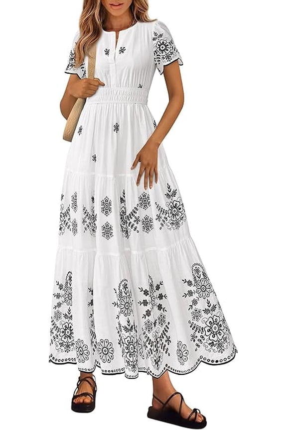 Boho Dresses for Women Summer Spring Casual Floral Short Sleeve V Neck Maxi Elastic Waist Dress Pockets