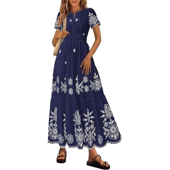 PRETTYGARDEN Boho Dresses for Women Summer Spring Casual Floral Short Sleeve V Neck Maxi Elastic Waist Dress Pockets