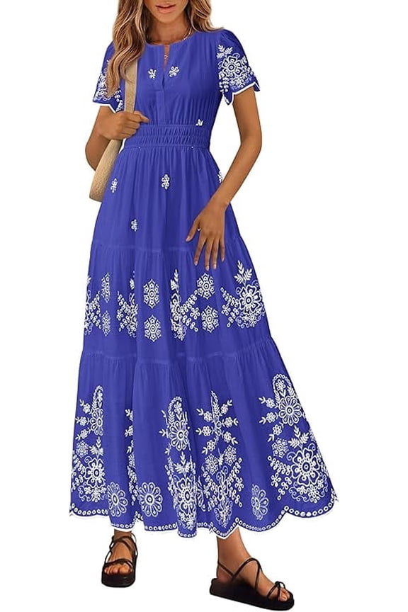 Boho Dresses for Women Summer Spring Casual Floral Short Sleeve V Neck Maxi Elastic Waist Dress Pockets