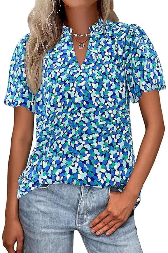 Boho Short Sleeve Floral Work Blouses for Women Dressy Casual V Neck Puff Sleeve Loose Chiffon Flowy Tops Shirts