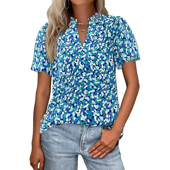 PRETTYGARDEN Boho Short Sleeve Floral Work Blouses for Women Dressy Casual V Neck Puff Sleeve Loose Chiffon Flowy Tops Shirts