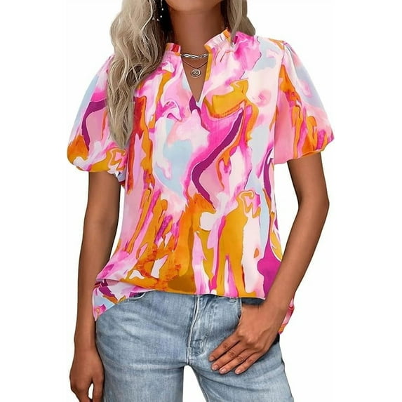 PRETTYGARDEN Boho Short Sleeve Floral Work Blouses for Women Dressy Casual V Neck Puff Sleeve Loose Chiffon Flowy Tops Shirts