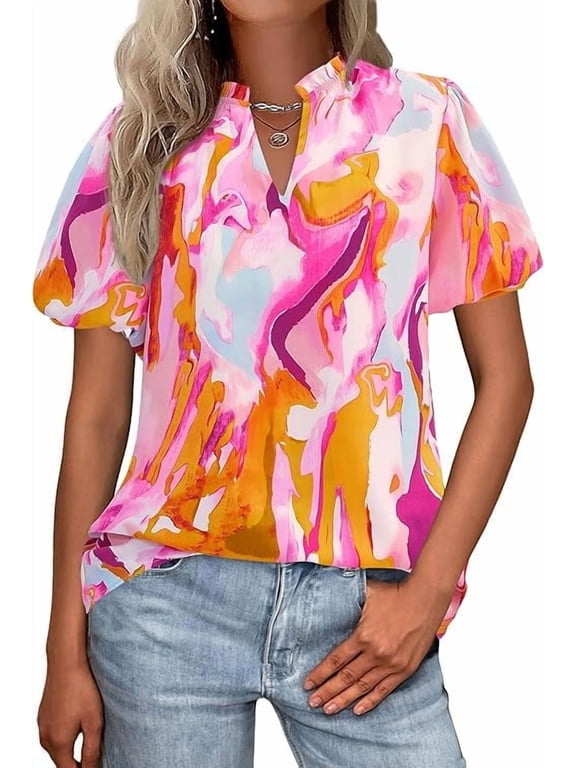 Boho Short Sleeve Floral Work Blouses for Women Dressy Casual V Neck Puff Sleeve Loose Chiffon Flowy Tops Shirts