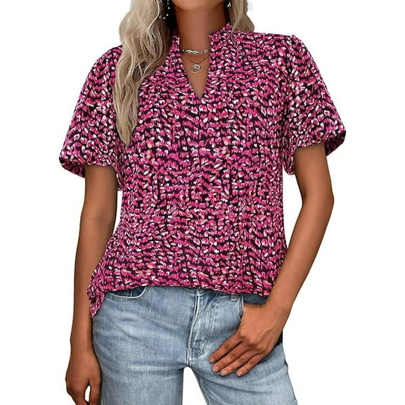 PRETTYGARDEN Boho Short Sleeve Floral Work Blouses for Women Dressy Casual V Neck Puff Sleeve Loose Chiffon Flowy Tops Shirts