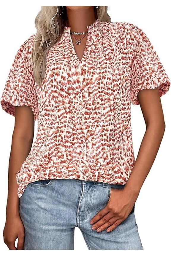 Boho Short Sleeve Floral Work Blouses for Women Dressy Casual V Neck Puff Sleeve Loose Chiffon Flowy Tops Shirts