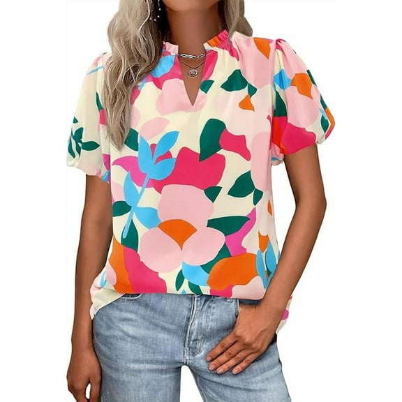 PRETTYGARDEN Boho Short Sleeve Floral Work Blouses for Women Dressy Casual V Neck Puff Sleeve Loose Chiffon Flowy Tops Shirts