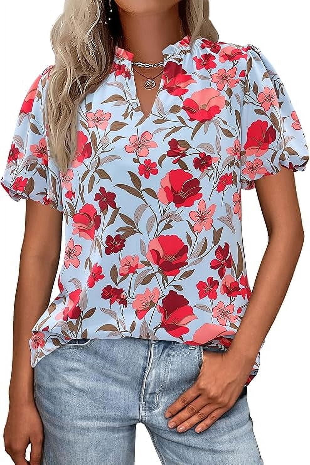 PRETTYGARDEN Boho Short Sleeve Floral Work Blouses for Women Dressy ...