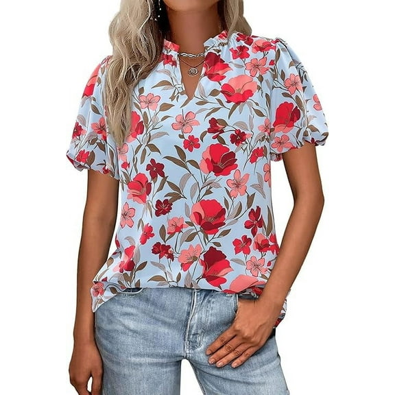 PRETTYGARDEN Boho Short Sleeve Floral Work Blouses for Women Dressy Casual V Neck Puff Sleeve Loose Chiffon Flowy Tops Shirts