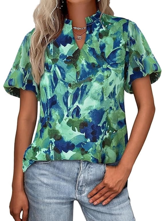 Boho Short Sleeve Floral Work Blouses for Women Dressy Casual V Neck Puff Sleeve Loose Chiffon Flowy Tops Shirts