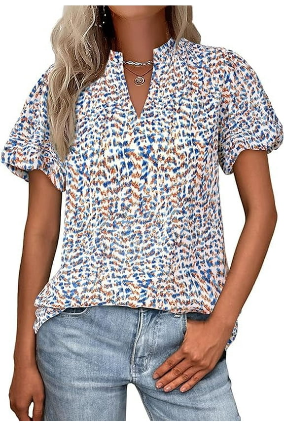 Boho Short Sleeve Floral Work Blouses for Women Dressy Casual V Neck Puff Sleeve Loose Chiffon Flowy Tops Shirts