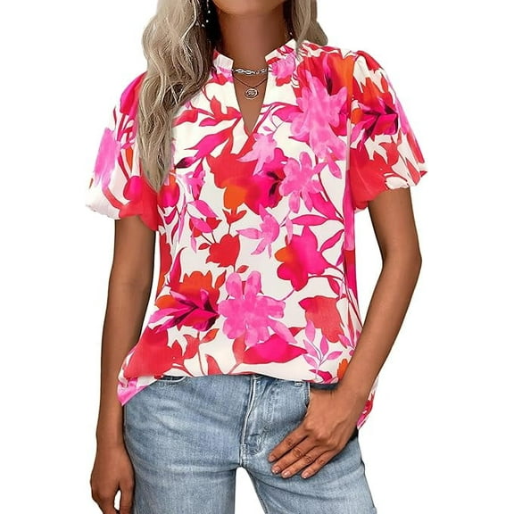 PRETTYGARDEN Boho Short Sleeve Floral Work Blouses for Women Dressy Casual V Neck Puff Sleeve Loose Chiffon Flowy Tops Shirts